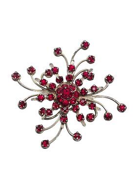 Groovy Vintage MCM Red Rhinestone Starburst Pinwheel Brooch Pin Silver Tone 2.5"